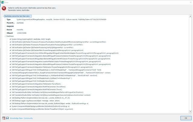 Detailed error report in Trados Studio showing a System.ArgumentOutOfRangeException and a stack trace with multiple method calls.