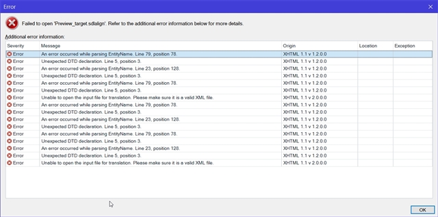 Error dialog box in Trados Studio with multiple error messages related to parsing EntityName and unexpected DTD declaration in HTML files during alignment.