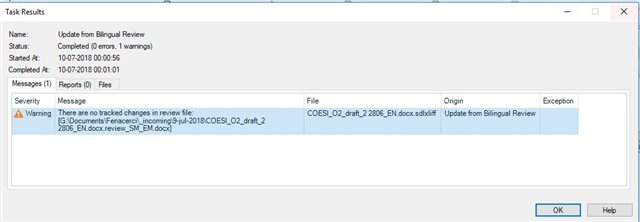 Warning message in Trados Studio stating 'There are no tracked changes in review file: file path.' indicating an issue with importing changes.