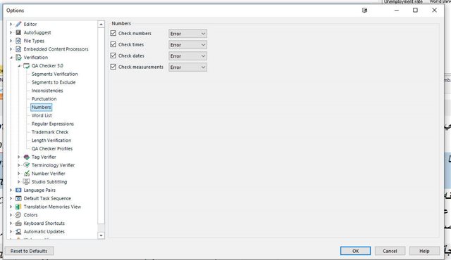 Trados Studio QA Checker 3.0 options window with 'Check numbers', 'Check times', 'Check dates', and 'Check measurements' all set to 'Error'.