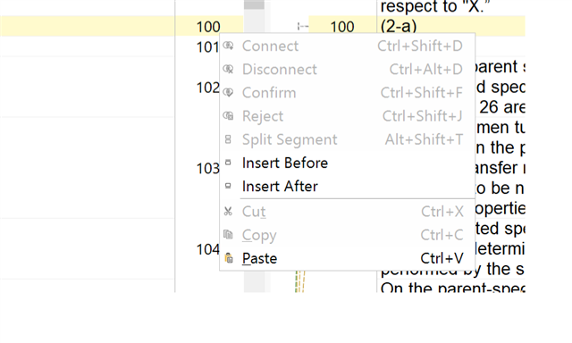Trados Studio screenshot showing alignment options with the 'Connect' option grayed out and unavailable.