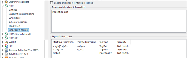 Trados Studio Xliff filter configuration window with 'Enable embedded content processing' checked and tag definition rules displayed.