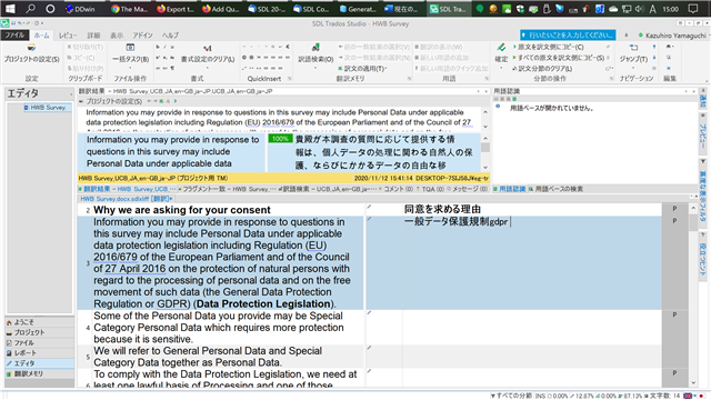 Screenshot of Trados Studio showing the same target segment with the text 'GDPR' automatically changed to lowercase 'gdpr' after pressing the space key.