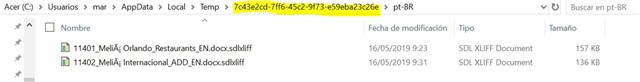 Highlighted temporary folder path in file explorer where Trados stores return packages with unrecognized special characters in file names.