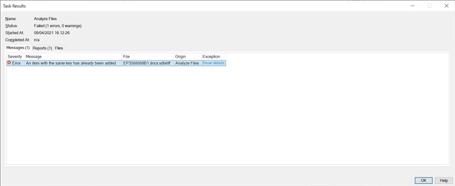 SDL Trados Studio task results window showing a failed analysis of files with an error message stating 'An item with the same key has already been added.'