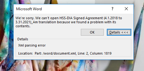 Error message in Microsoft Word stating 'We're sorry. We can't open HSS-DIA Signed Agreement (4.1.2018 to 3.31.2021) Am translation because we found a problem with its contents.' with a Details button for an XML parsing error at Part: worddocument.xml, Line 2, Column: 1819.