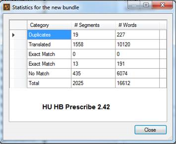 Screenshot of Trados Studio statistics showing categories like Duplicates, Translated, Exact Match, No Match, and their respective segment and word counts.