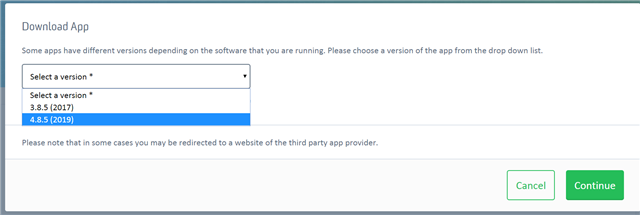 Screenshot of Trados Studio App download page with a dropdown menu to select a version of the app, options include 3.8.5 (2017) and 4.8.5 (2019).