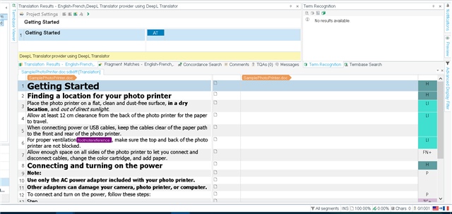 Screenshot of Trados Studio interface showing a translation project from English to German with no translation results displayed and no errors or warnings.