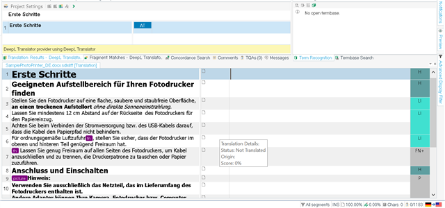 Screenshot of Trados Studio interface displaying a translation project from German to English with an empty translation results pane and no visible errors or warnings.