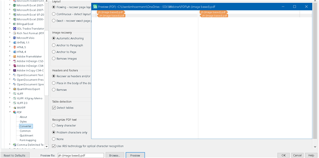 Trados Studio settings window with 'Use IRIS technology for optical character recognition' checkbox ticked but no response.