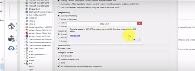 Error message in Trados Studio stating 'To enable support for IRIS OCR technology, go to the SDL App Store to download the IRIS Add-on.'