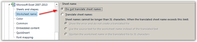 Trados Studio settings for Microsoft Excel 2007-2013 showing options under 'Sheet name' with 'Do not translate sheet names' selected.