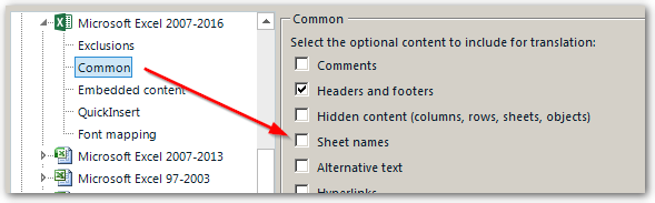 Trados Studio settings for Microsoft Excel 2007-2016 with 'Common' expanded showing options including 'Comments', 'Headers and footers', and 'Sheet names' with checkboxes.