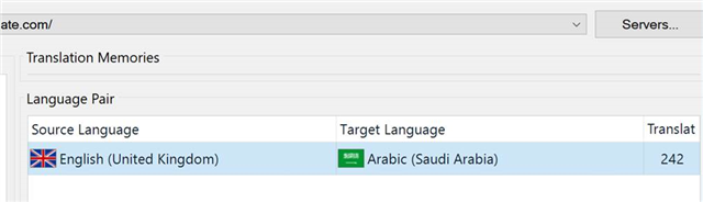 Screenshot of Trados Studio showing Translation Memories with a selected language pair: English (United Kingdom) to Arabic (Saudi Arabia).