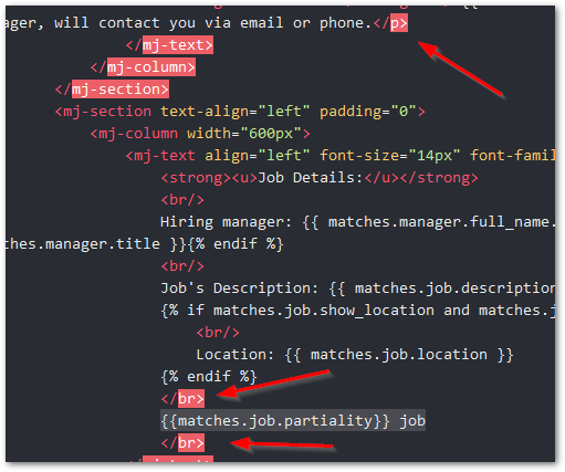 Screenshot of Trados Studio showing XML code with errors highlighted. An orphan closing paragraph tag is indicated after the word 'phone' and two mistyped line break tags are shown around 'job partiality' text.
