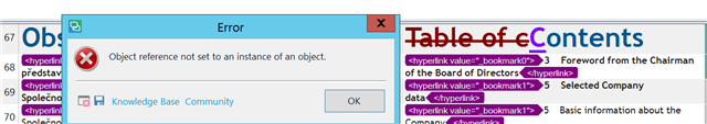 Screenshot of Trados Studio showing an error message box with the text 'Object reference not set to an instance of an object.' and an 'OK' button.