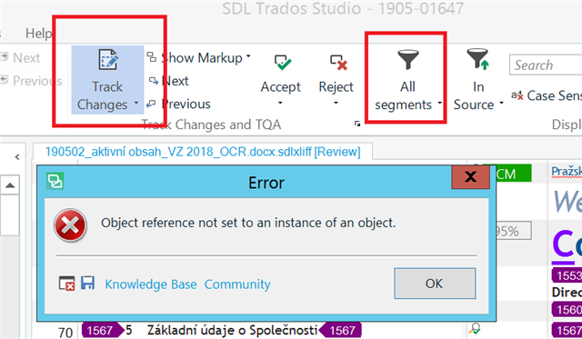 Screenshot of SDL Trados Studio with an 'Error' dialog box stating 'Object reference not set to an instance of an object.' The Track Changes option is highlighted in the toolbar.