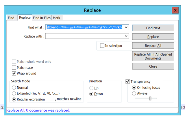 Trados Studio Replace dialog box with a regular expression in the 'Find what' field and an empty 'Replace with' field. Message at the bottom says 'Replace All: 0 occurrence was replaced.'