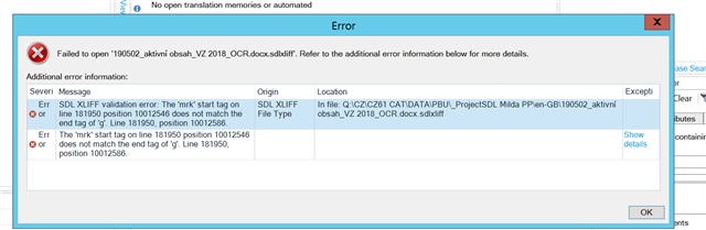 Error dialog box in Trados Studio with message 'Failed to open 190502_akitmi_obsh_V2_2018_COR.docx.sdlxliff'. Lists several XML validation errors related to mismatched start and end tags.
