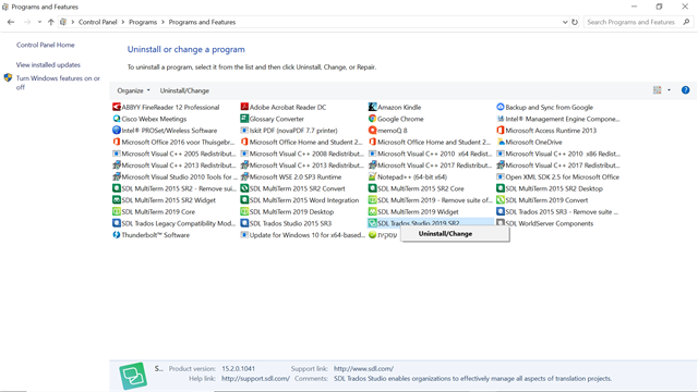 Screenshot of the Programs and Features window on a computer, showing a list of installed programs including Trados Studio 2019. The 'Repair' option is greyed out and unavailable for Trados Studio.