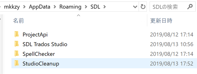 Screenshot showing the Roaming folder for Trados Studio with subfolders: ProjectApi, SDL Trados Studio, SpellChecker, and StudioCleanup. Timestamps indicate last modified dates in 2019.