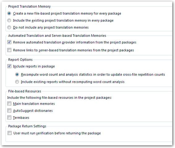 Screenshot of Trados Studio project package creation settings showing options for Project Translation Memory, Automated Translation, Report Options, File-based Resources, and Package Return Settings.