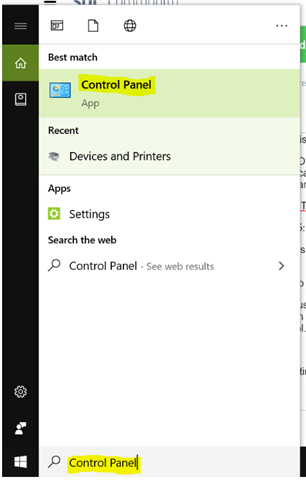 Windows search bar showing 'Control Panel' as the best match with recent apps and web results below.