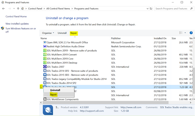 Programs and Features list with 'SDL Trados Studio 2015 SR2' highlighted and 'Repair' option selected on the top toolbar.