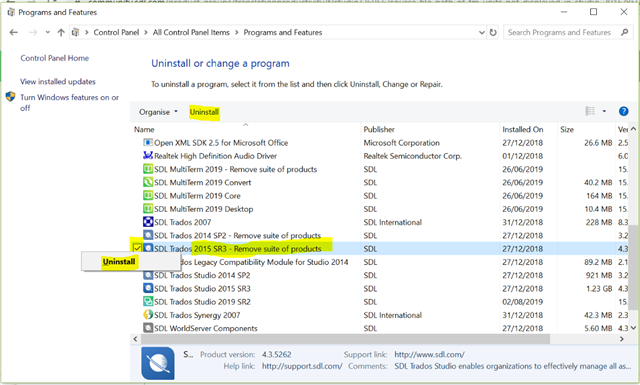 Programs and Features list with 'SDL Trados 2015 SR2 - Remove suite of products' highlighted and 'Uninstall' option selected on the top toolbar.