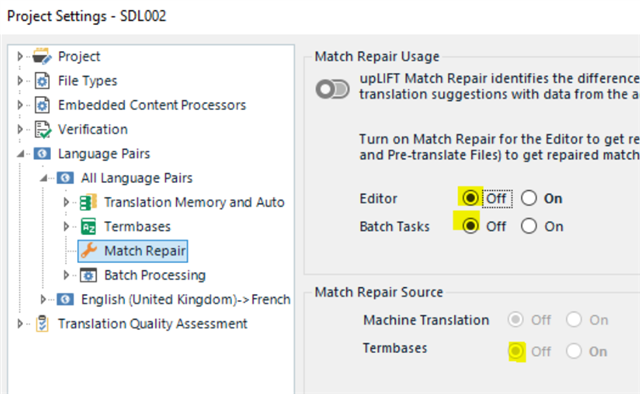 Trados Studio Project Settings window showing Match Repair option turned off for Editor and Batch Tasks under Match Repair Usage section.