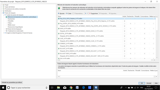 Trados Studio project settings window with a list of translation memory files, none of which appear to be active or selected for the current project.