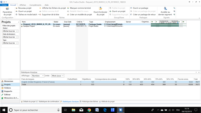 Screenshot of Trados Studio interface showing a project named 'Noname1_2019_08_30_09.03.52' with status 'In Progress' and a Translation Memory (TM) analysis with various match percentages.