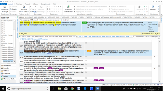 Screenshot of Trados Studio editor showing a contextual search performed on a sentence part with results displayed on the right side.