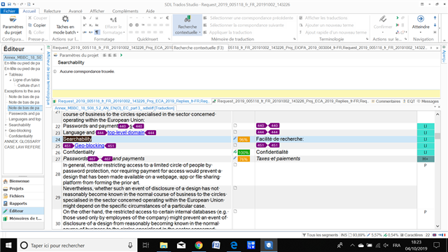 Screenshot of Trados Studio software showing the Editor view with a source segment selected. The search function displays 'No correspondence found' in French. The segment contains a single word 'Confidentiality'.