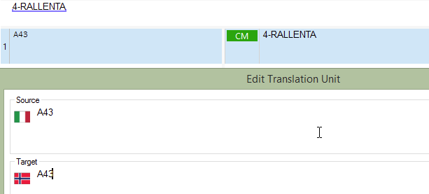 Screenshot of Trados Studio Edit Translation Unit window with a source text 'A43' incorrectly matched to target text '4-RALLENTA' due to faulty alphanumeric string recognition.
