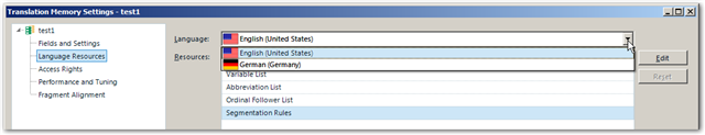 Translation Memory Settings window in Trados Studio showing dropdown list for Language Resources with English (United States) selected and options like Segmentation Rules available.
