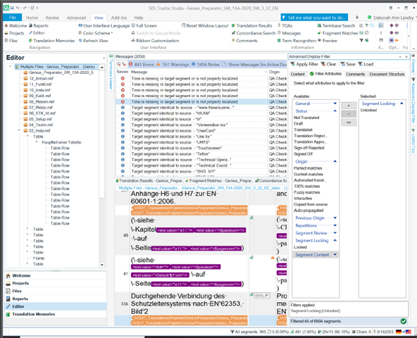 Trados Studio Editor view showing multiple warning messages about missing tags and target segments identical to source, with a list of segments on the left.