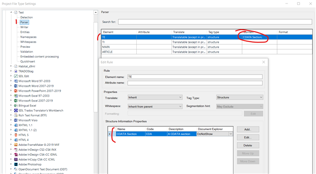 Trados Studio project file type settings showing CDATA section rules highlighted in red.