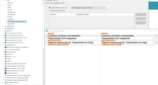 Preview of embedded content processing in Trados Studio with German text showing no visible errors.