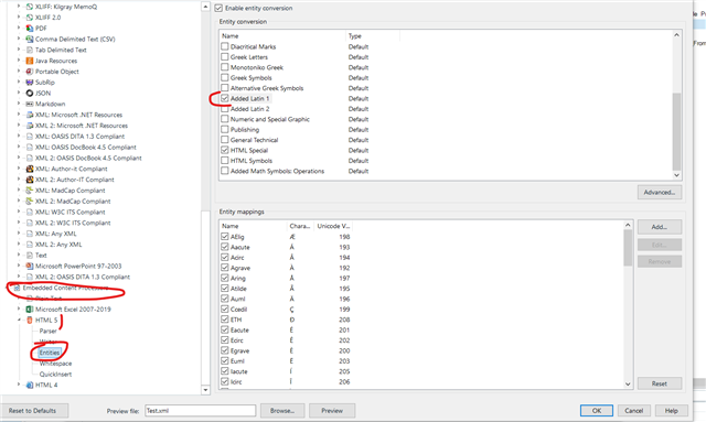 Entity conversion settings in Trados Studio with HTML 5 selected and entity mapping list visible.