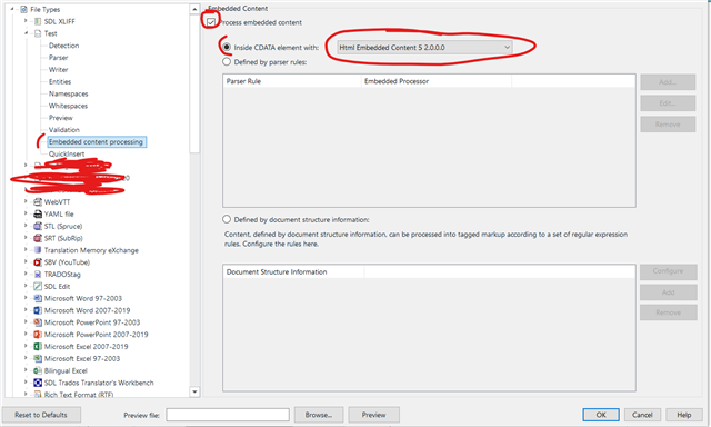 Trados Studio settings window showing 'Embedded Content' section with an error message 'Inside CDATA element with: Html Embedded Content 5.2.0.0.0'. The 'Embedded Content Processing' option is circled in red on the left sidebar.