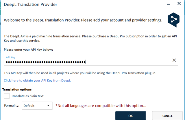 DeepL Translation Provider window in Trados Studio asking for API Key with a link to obtain the key from DeepL.