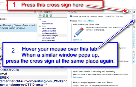 Screenshot of Trados Studio with a red arrow pointing to a cross sign in the upper right corner of a pop-up window with text 'Press this cross sign here'.