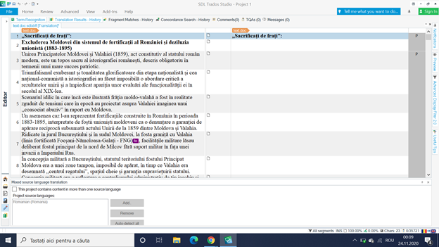 Screenshot of Trados Studio showing a document in the editing pane with a message 'The source language contains more than one source language' and a warning 'Project languages Romanian'.