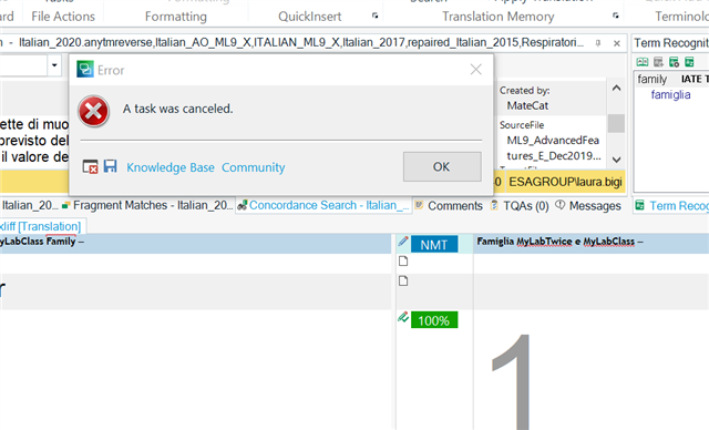 Error message in Trados Studio 2021 displaying 'A task was canceled' with an OK button and a red cross icon.