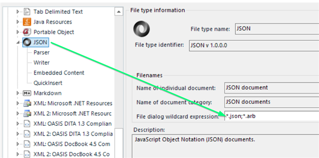 Trados Studio file type settings showing JSON selected with file dialog wildcard expression field containing '*.json;*.arb'.