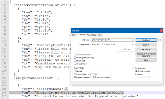 Screenshot of Trados Studio showing a JSON file with 'calendarEventTranslations' and 'imageTranslations' arrays. A 'Search & Replace' dialog box from Notepad++ is overlaid on the right side with regex options selected.