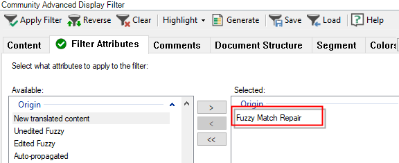 Trados Studio Advanced Display Filter window showing 'Fuzzy Match Repair' selected under the 'Selected' column.