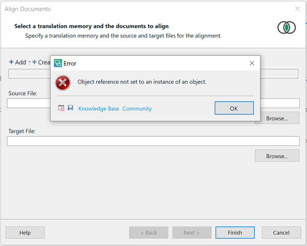 SDL Trados Studio Align Documents window with an error message 'Object reference not set to an instance of an object' displayed in a pop-up.